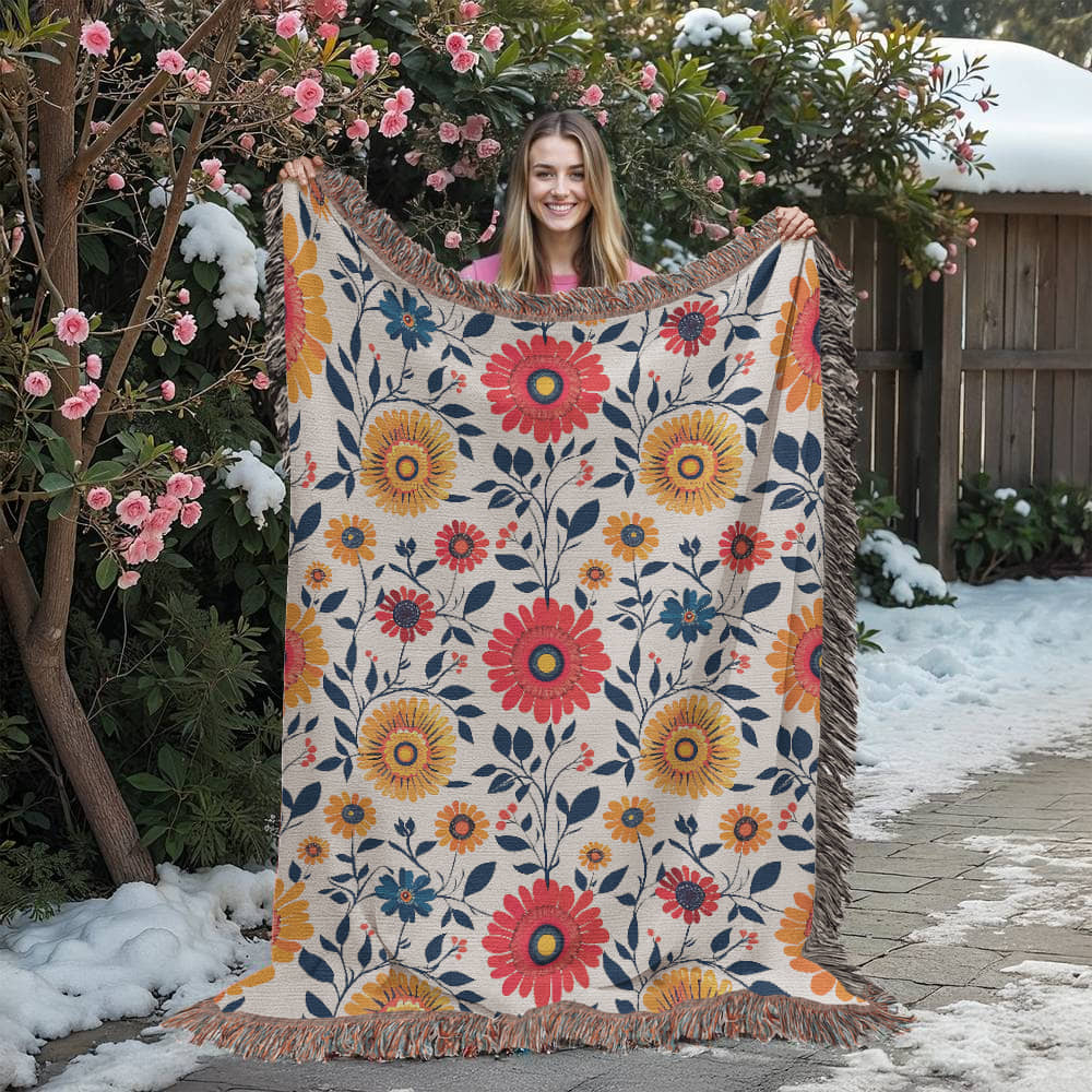 Mexican Floral Fiesta Pattern 040 - 60" x 80" Heirloom Woven Blanket