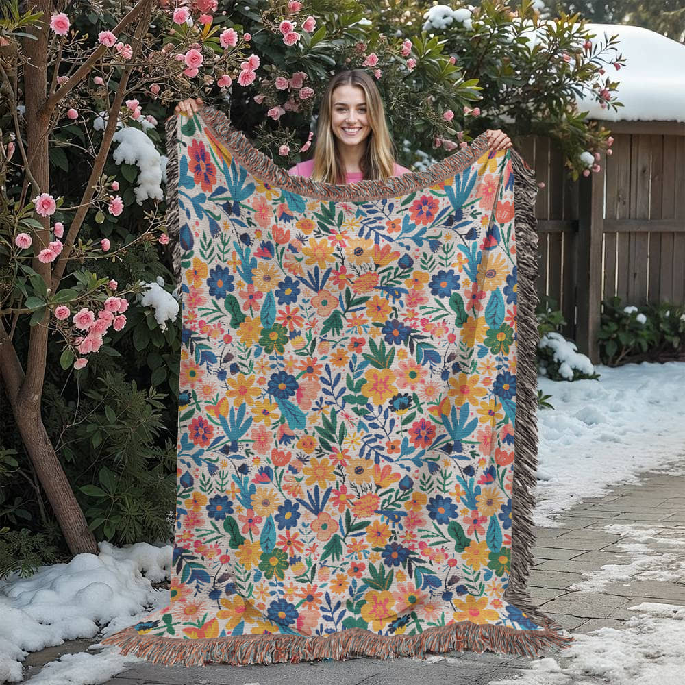 Mexican Floral Fiesta Pattern 010 - 60" x 80" Heirloom Woven Blanket