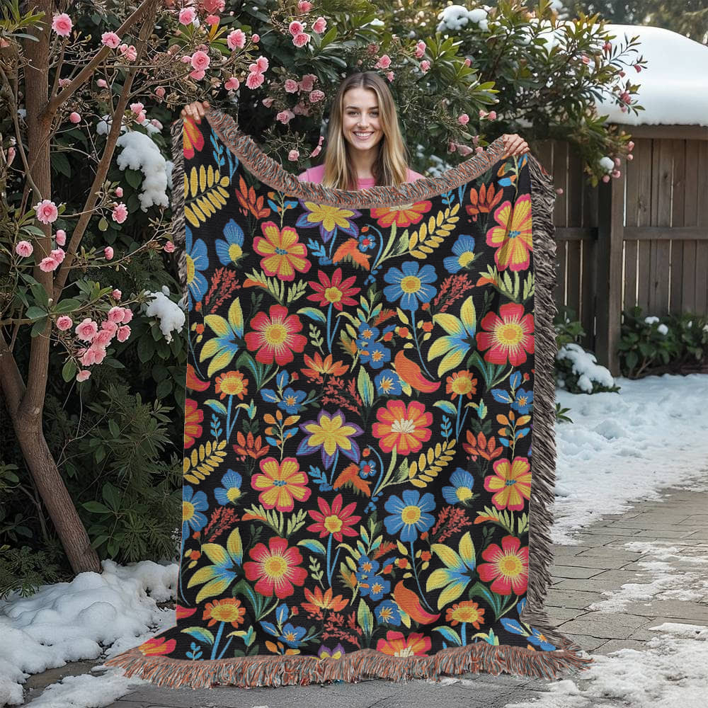 Mexican Floral Fiesta Pattern 035 - 60" x 80" Heirloom Woven Blanket
