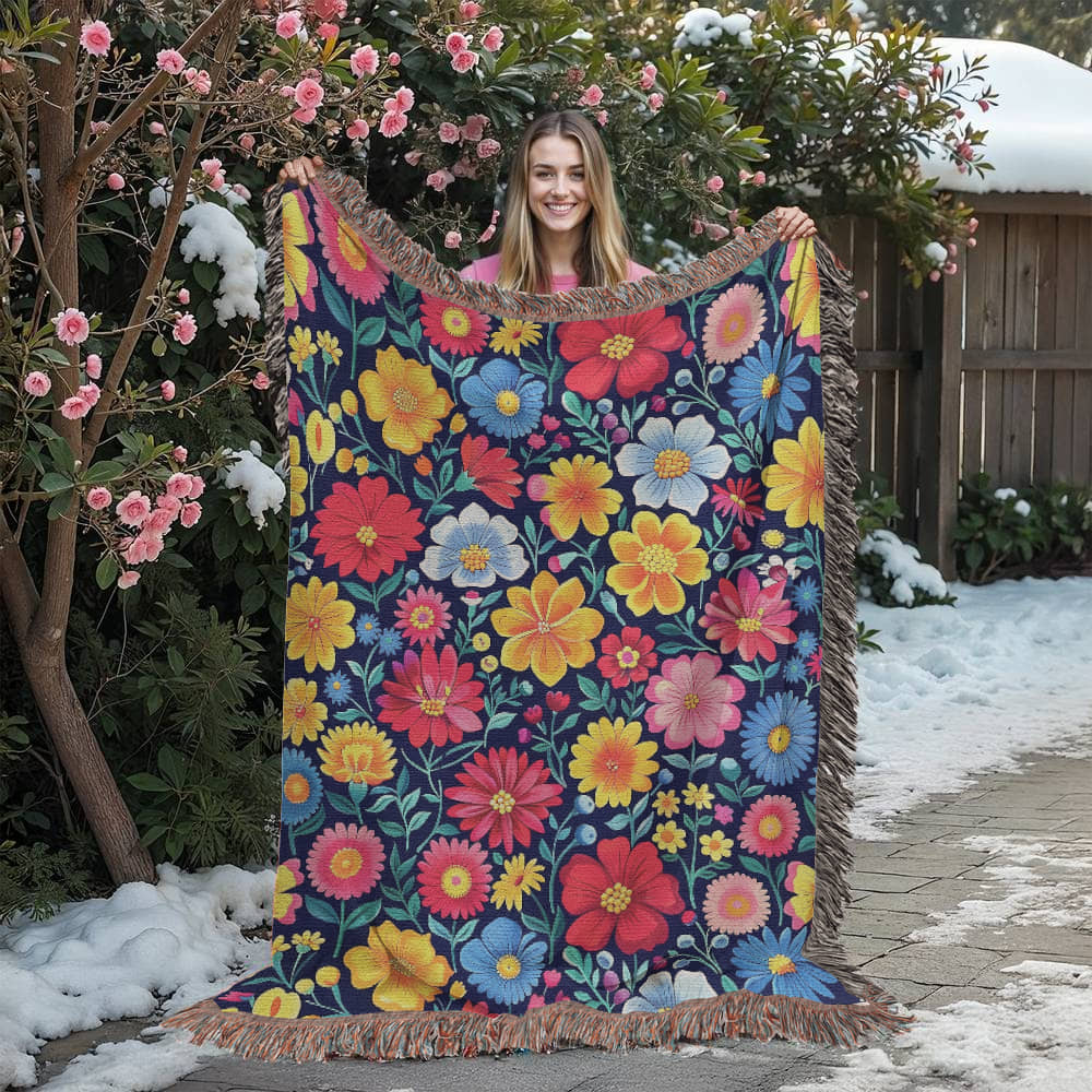 Mexican Floral Fiesta Pattern 048 - 60" x 80" Heirloom Woven Blanket