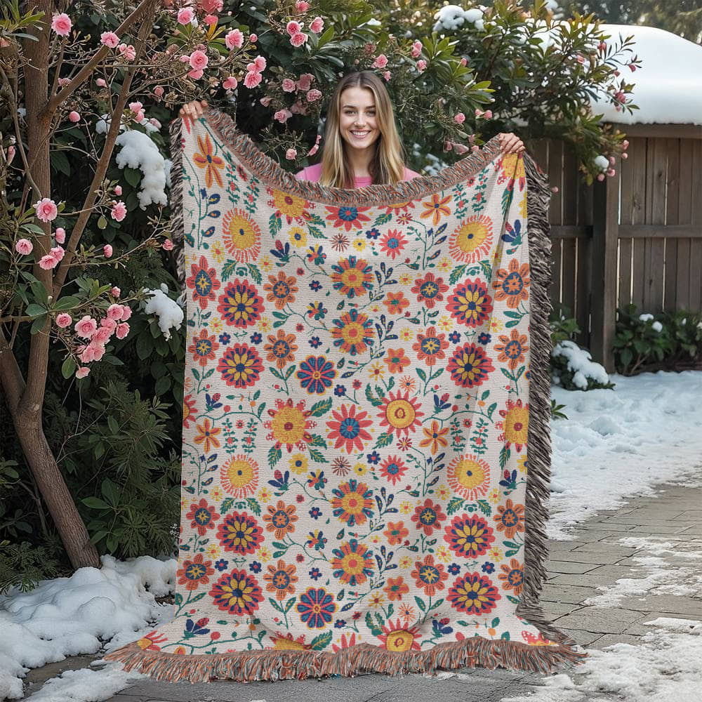 Mexican Floral Fiesta Pattern 026 - 60" x 80" Heirloom Woven Blanket