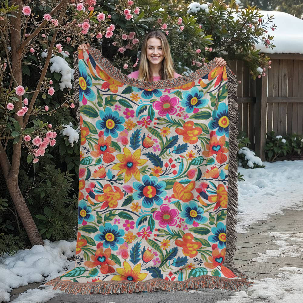 Mexican Floral Fiesta Pattern 050 - 60" x 80" Heirloom Woven Blanket