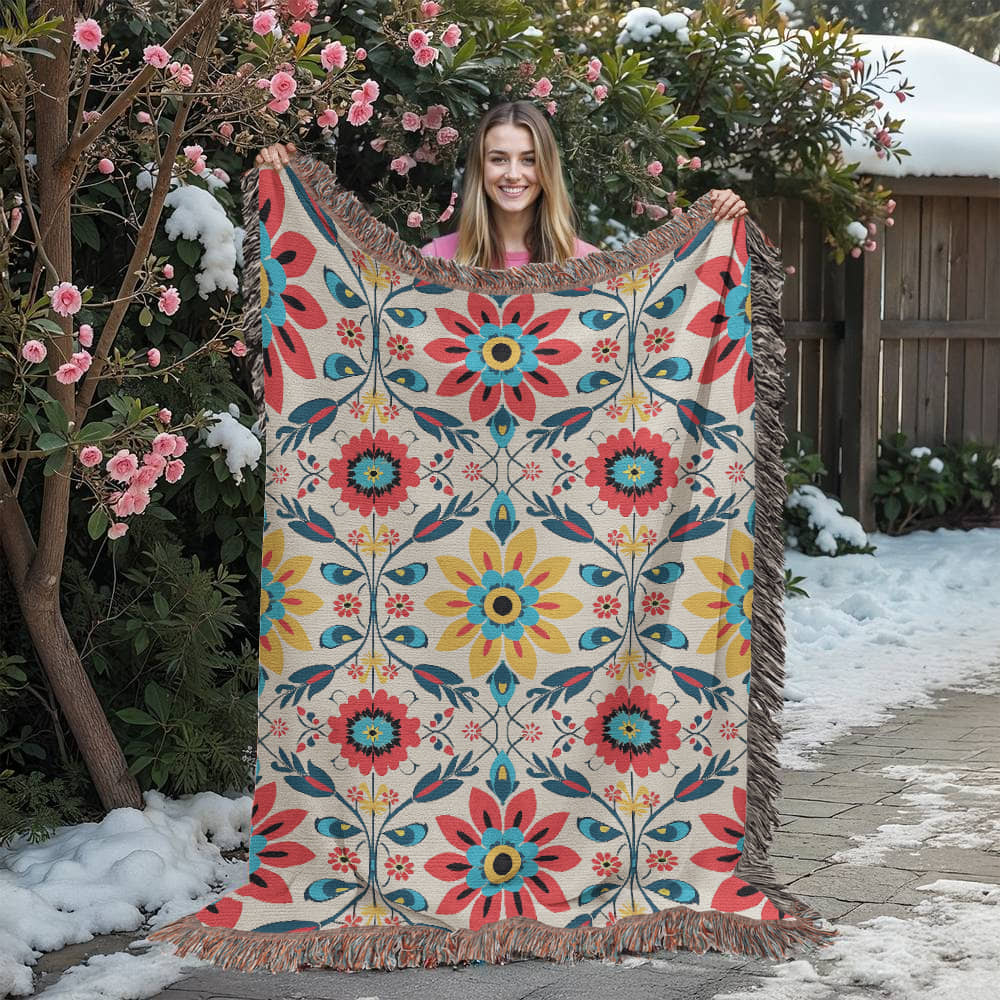 Mexican Floral Fiesta Pattern 041 - 60" x 80" Heirloom Woven Blanket