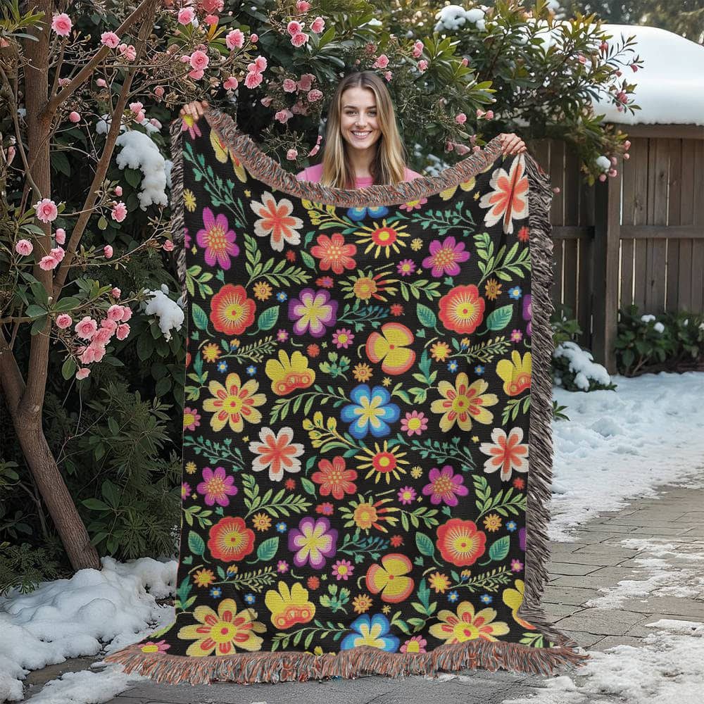Mexican Floral Fiesta Pattern 032 - 60" x 80" Heirloom Woven Blanket