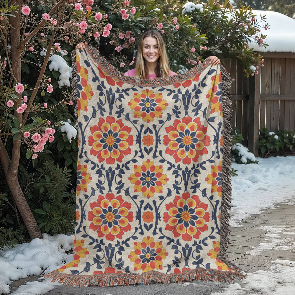 Mexican Floral Fiesta Pattern 047 - 60" x 80" Heirloom Woven Blanket