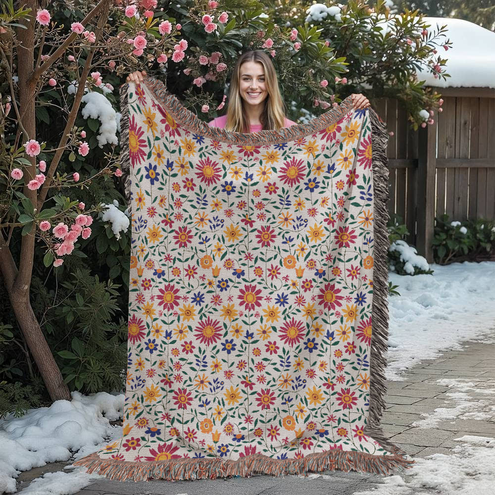 Mexican Floral Fiesta Pattern 017 - 60" x 80" Heirloom Woven Blanket