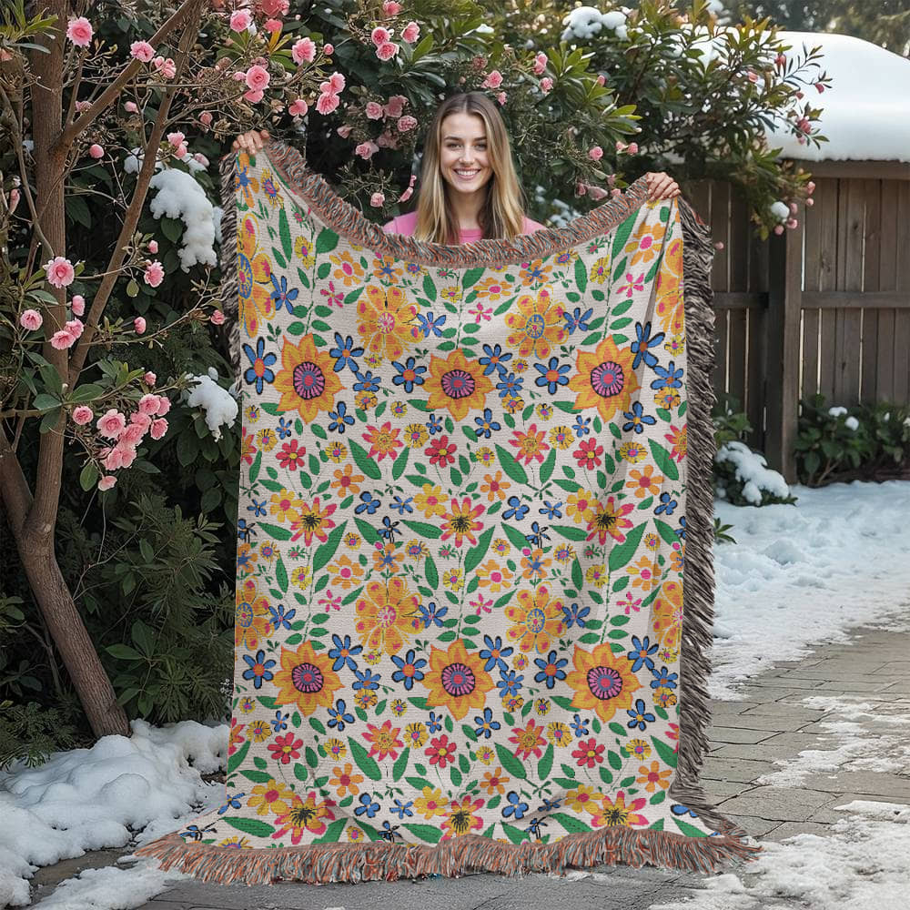 Mexican Floral Fiesta Pattern 007 - 60" x 80" Heirloom Woven Blanket