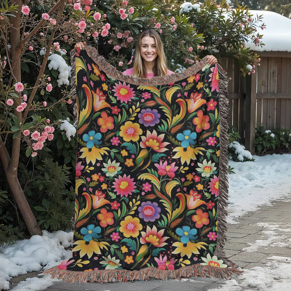 Mexican Floral Fiesta Pattern 033 - 60" x 80" Heirloom Woven Blanket