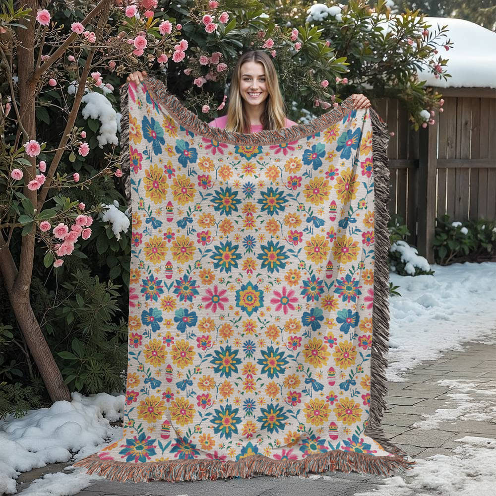 Mexican Floral Fiesta Pattern 025 - 60" x 80" Heirloom Woven Blanket