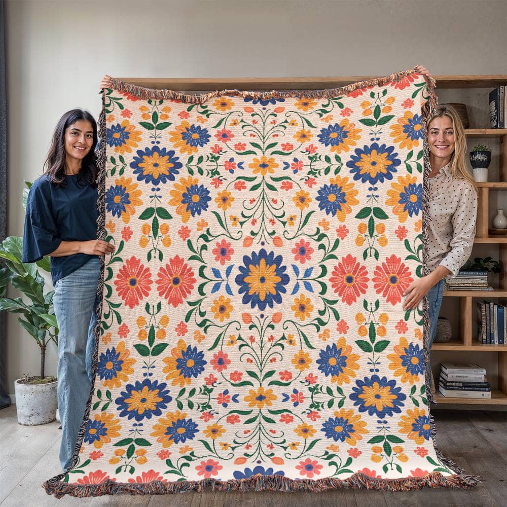 Mexican Floral Fiesta Pattern 016 - 60" x 80" Heirloom Woven Blanket
