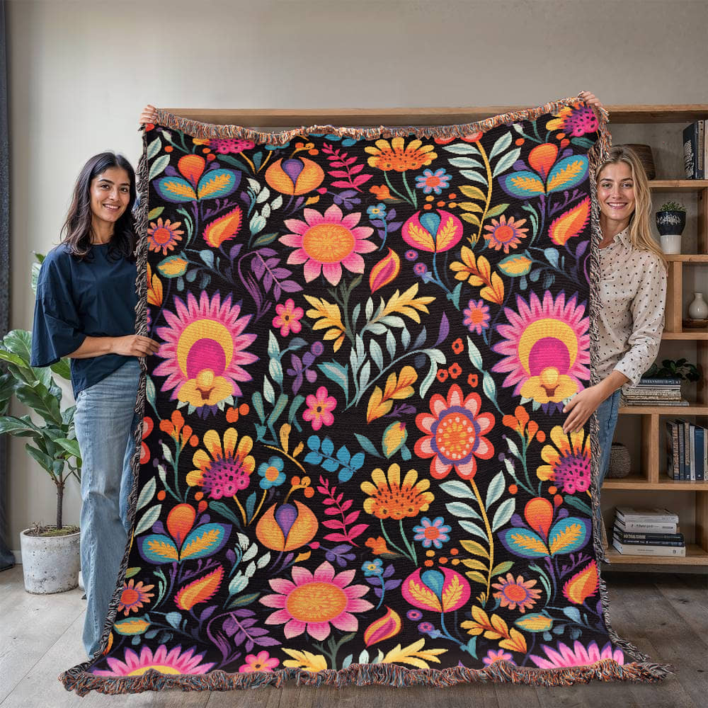Mexican Floral Fiesta Pattern 058 - 60" x 80" Heirloom Woven Blanket