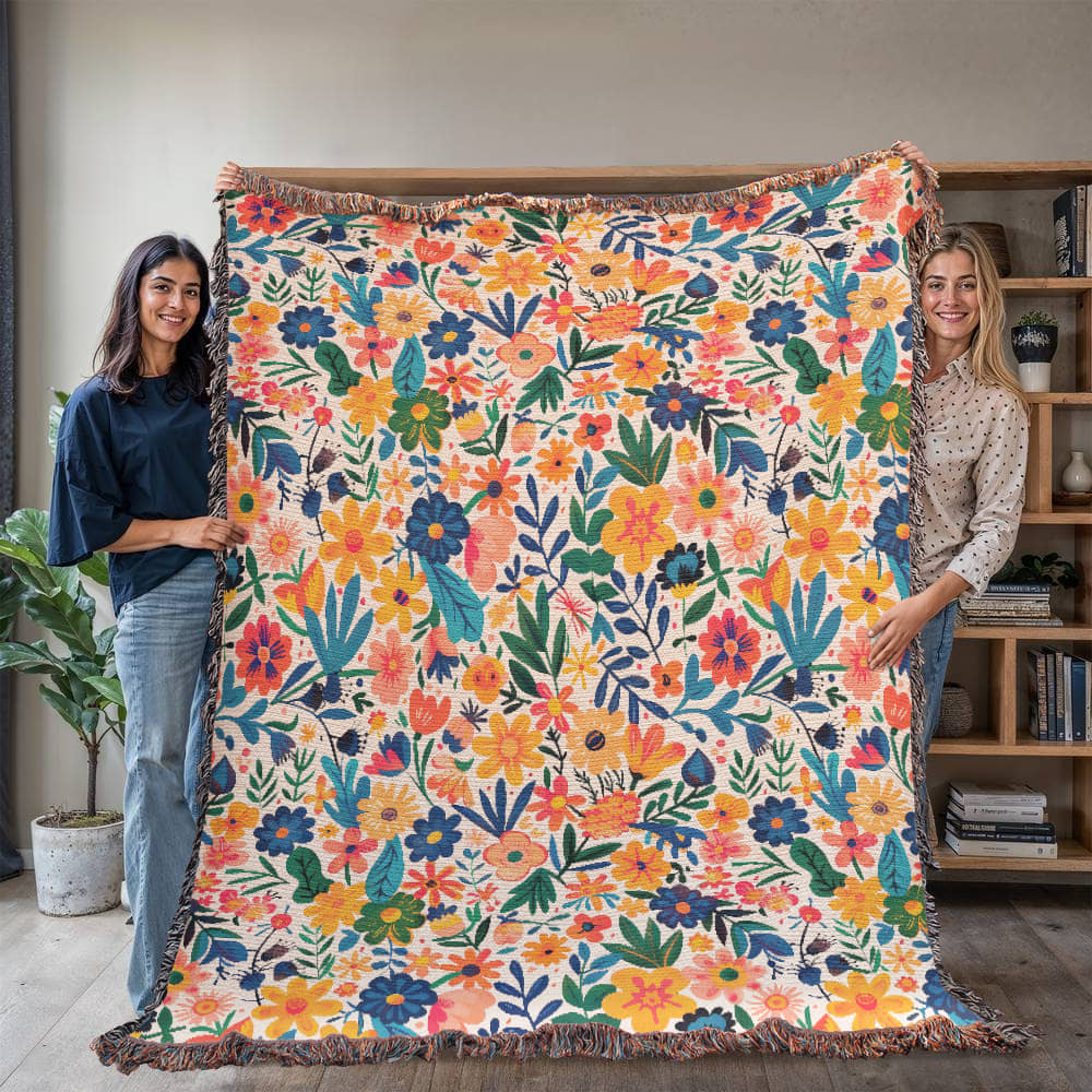 Mexican Floral Fiesta Pattern 010 - 60" x 80" Heirloom Woven Blanket