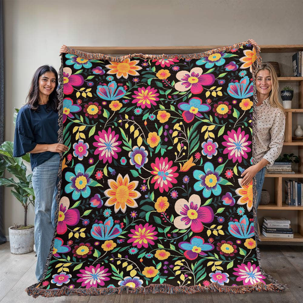 Mexican Floral Fiesta Pattern 034 - 60" x 80" Heirloom Woven Blanket