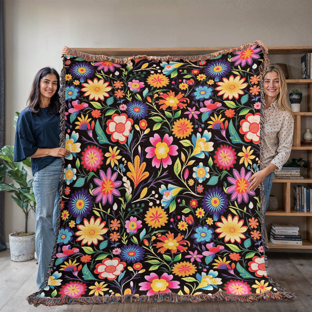 Mexican Floral Fiesta Pattern 028 - 60" x 80" Heirloom Woven Blanket