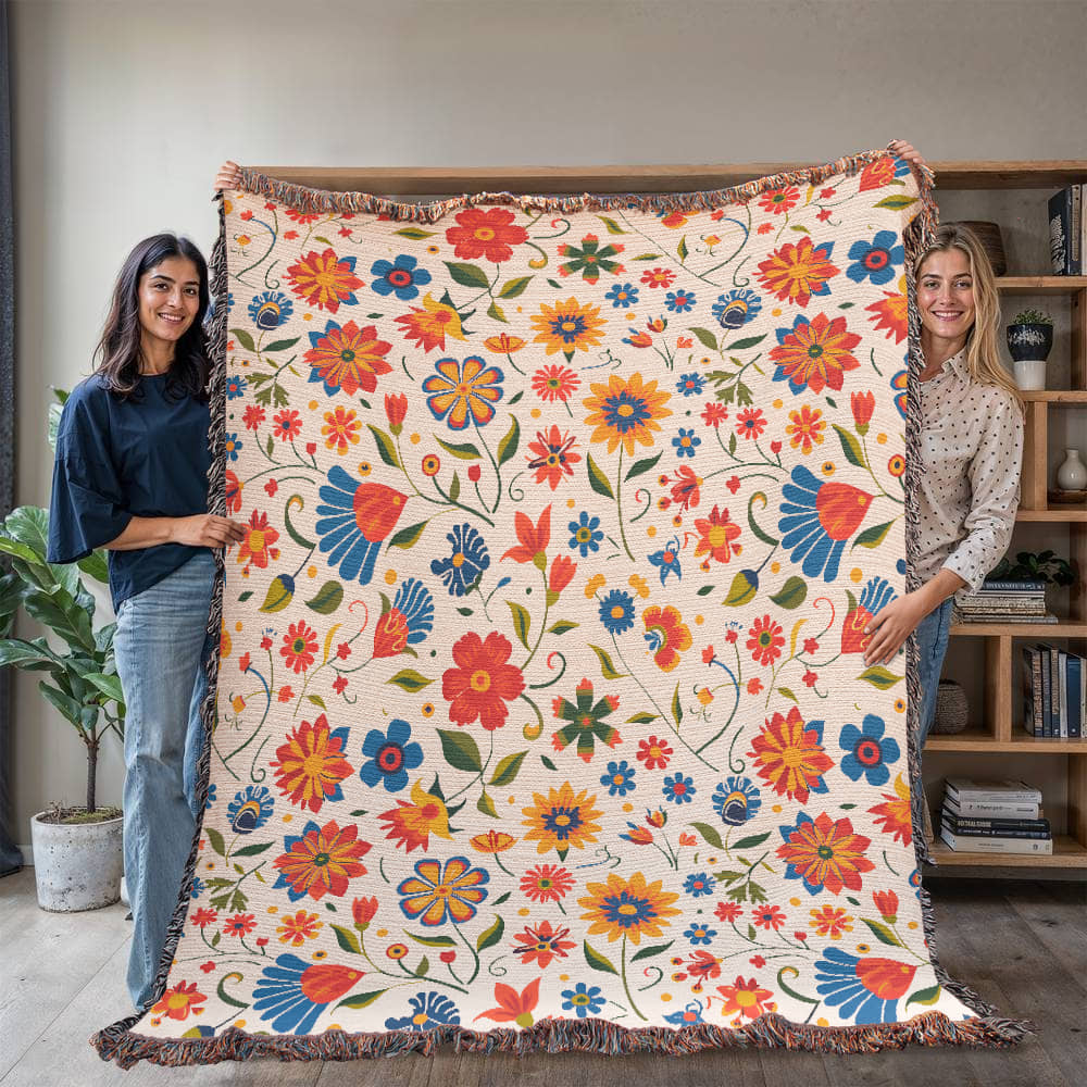 Mexican Floral Fiesta Pattern 014 - 60" x 80" Heirloom Woven Blanket