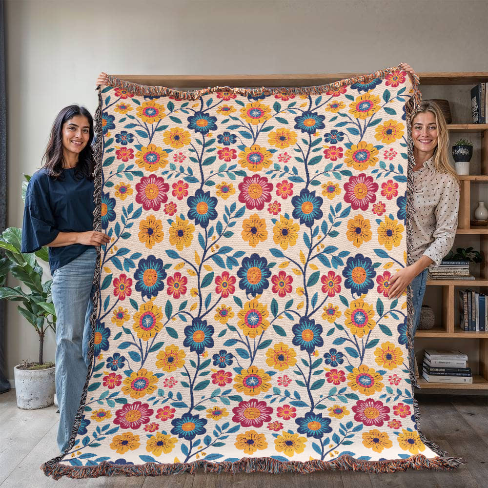 Mexican Floral Fiesta Pattern 002 - 60" x 80" Heirloom Woven Blanket