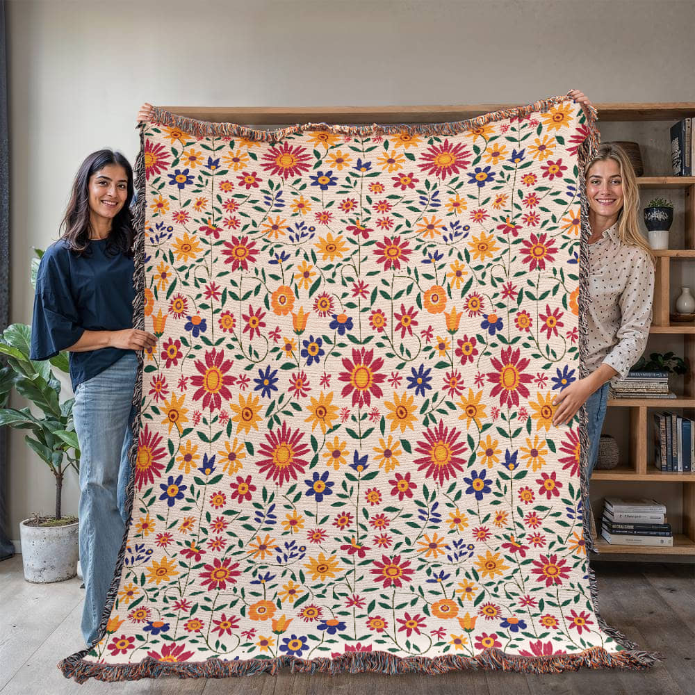Mexican Floral Fiesta Pattern 017 - 60" x 80" Heirloom Woven Blanket