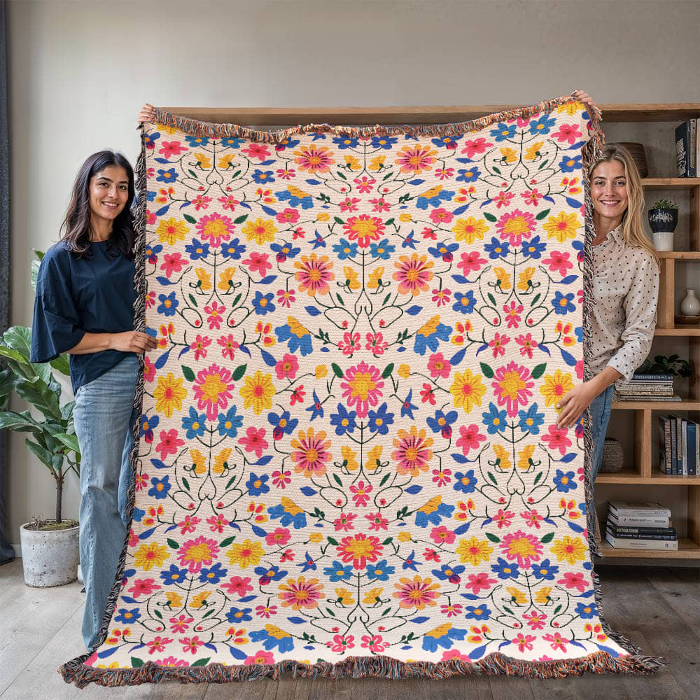 Mexican Floral Fiesta Pattern 020 - 60" x 80" Heirloom Woven Blanket