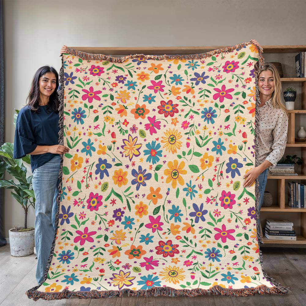 Mexican Floral Fiesta Pattern 005 - 60" x 80" Heirloom Woven Blanket