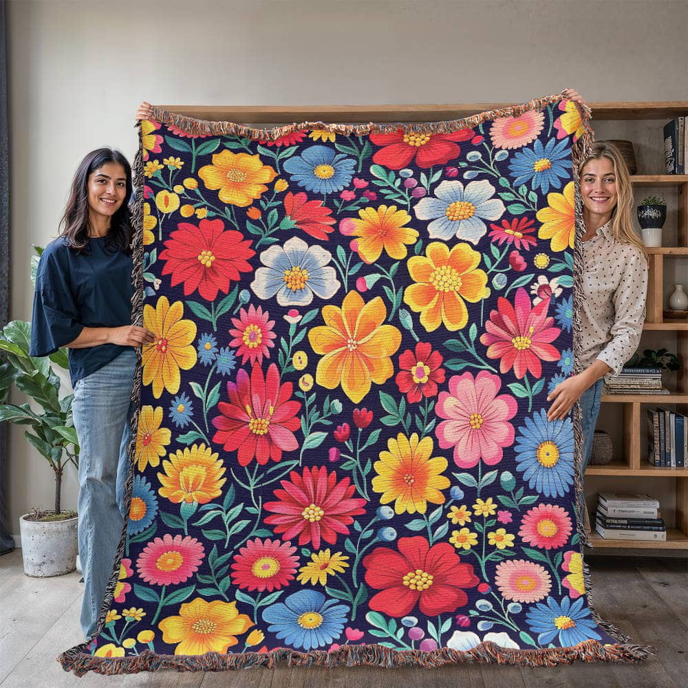 Mexican Floral Fiesta Pattern 048 - 60" x 80" Heirloom Woven Blanket