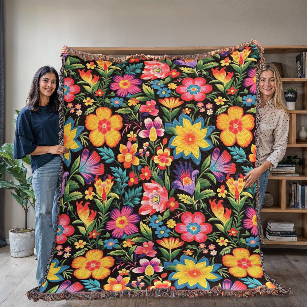 Mexican Floral Fiesta Pattern 030 - 60" x 80" Heirloom Woven Blanket