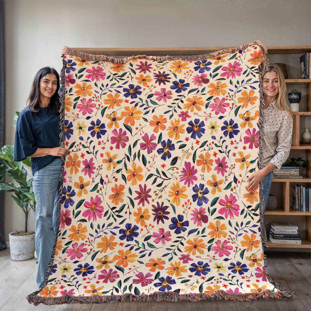 Mexican Floral Fiesta Pattern 008 - 60" x 80" Heirloom Woven Blanket