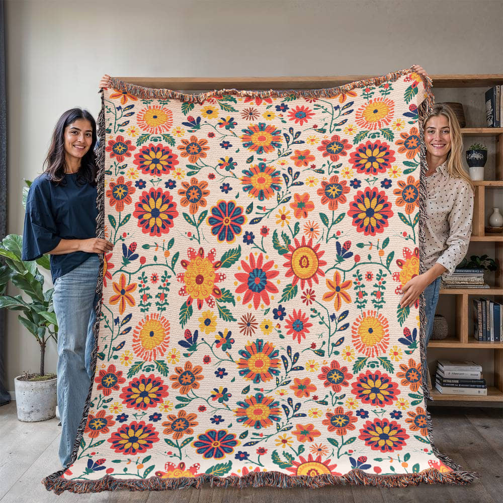 Mexican Floral Fiesta Pattern 026 - 60" x 80" Heirloom Woven Blanket