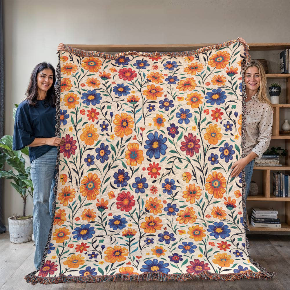 Mexican Floral Fiesta Pattern 001 - 60" x 80" Heirloom Woven Blanket