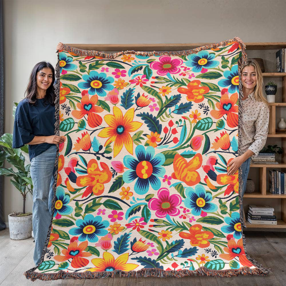 Mexican Floral Fiesta Pattern 050 - 60" x 80" Heirloom Woven Blanket