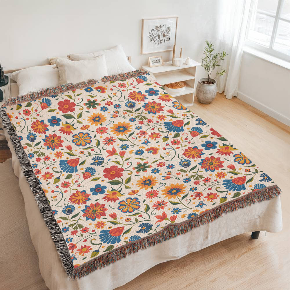 Mexican Floral Fiesta Pattern 014 - 60" x 80" Heirloom Woven Blanket