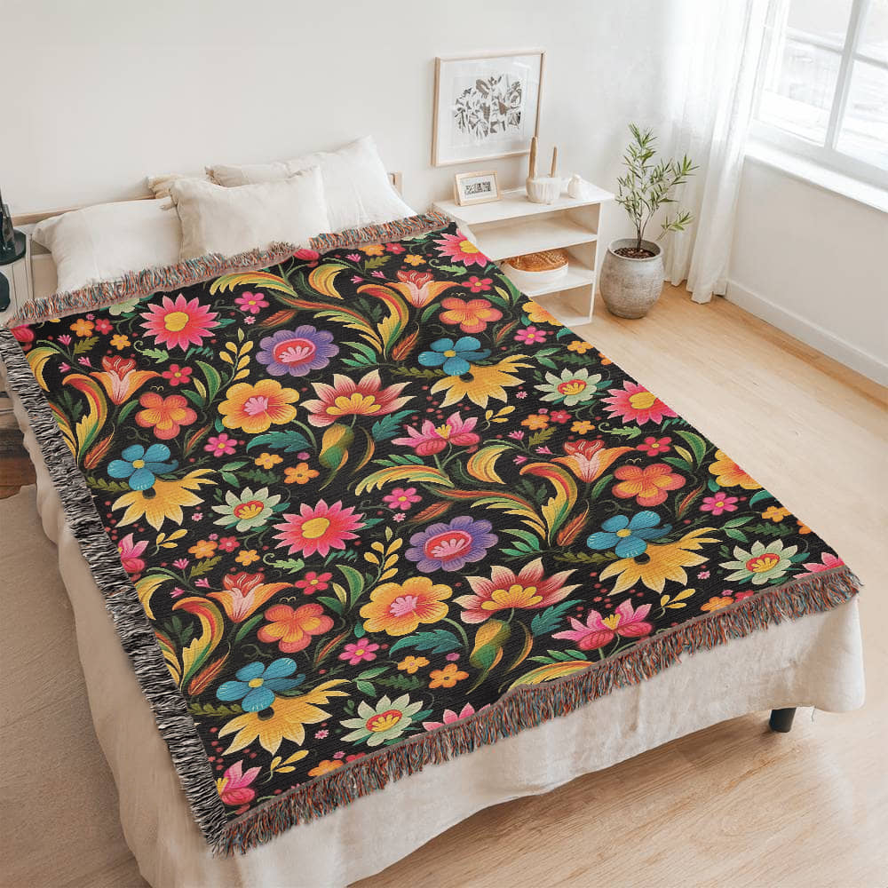 Mexican Floral Fiesta Pattern 033 - 60" x 80" Heirloom Woven Blanket