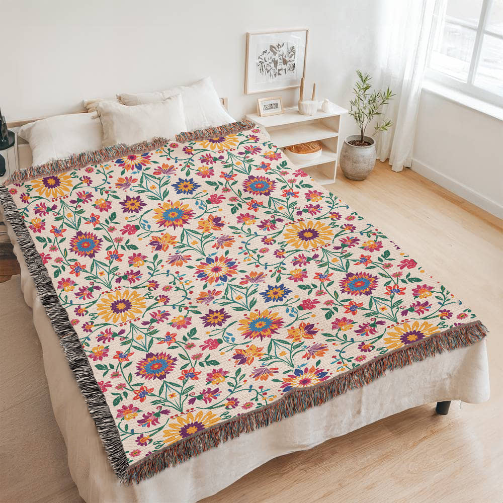 Mexican Floral Fiesta Pattern 027 - 60" x 80" Heirloom Woven Blanket