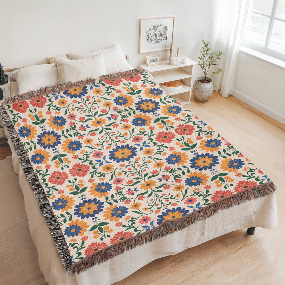 Mexican Floral Fiesta Pattern 016 - 60" x 80" Heirloom Woven Blanket