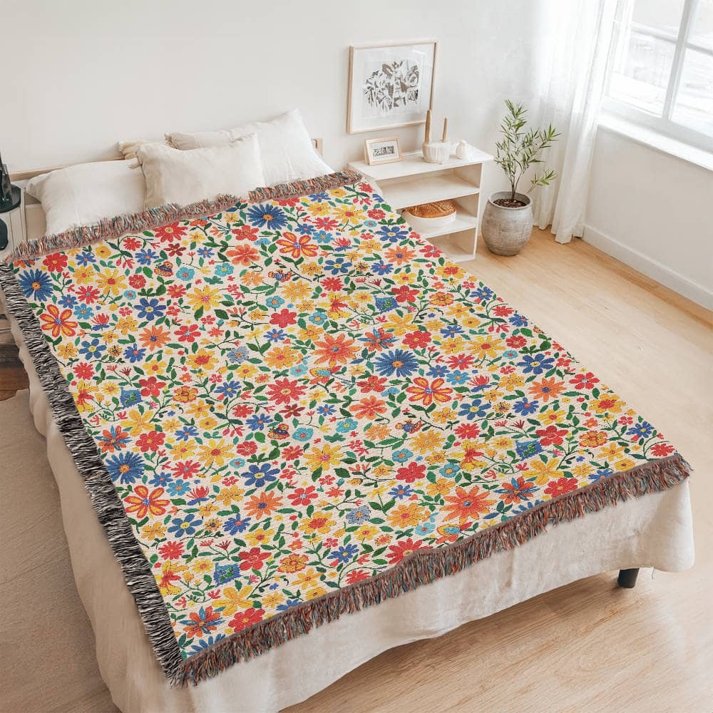 Mexican Floral Fiesta Pattern 009 - 60" x 80" Heirloom Woven Blanket