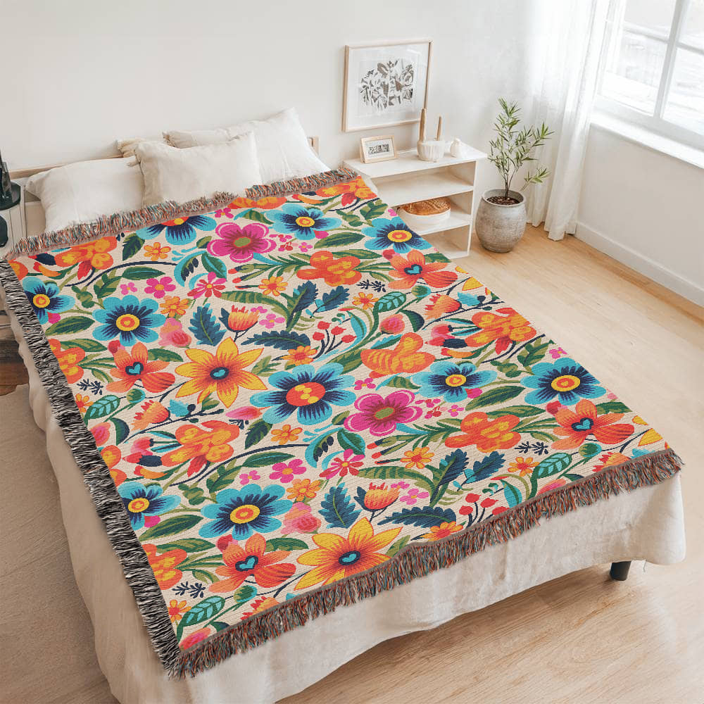 Mexican Floral Fiesta Pattern 050 - 60" x 80" Heirloom Woven Blanket