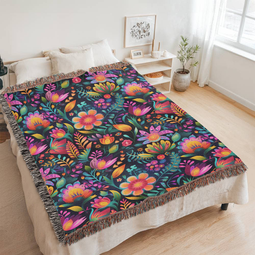 Mexican Floral Fiesta Pattern 056 - 60" x 80" Heirloom Woven Blanket