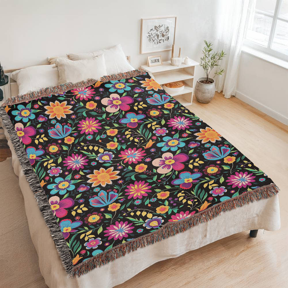 Mexican Floral Fiesta Pattern 034 - 60" x 80" Heirloom Woven Blanket