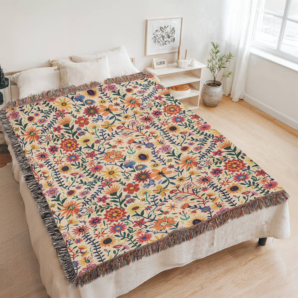 Mexican Floral Fiesta Pattern 011 - 60" x 80" Heirloom Woven Blanket