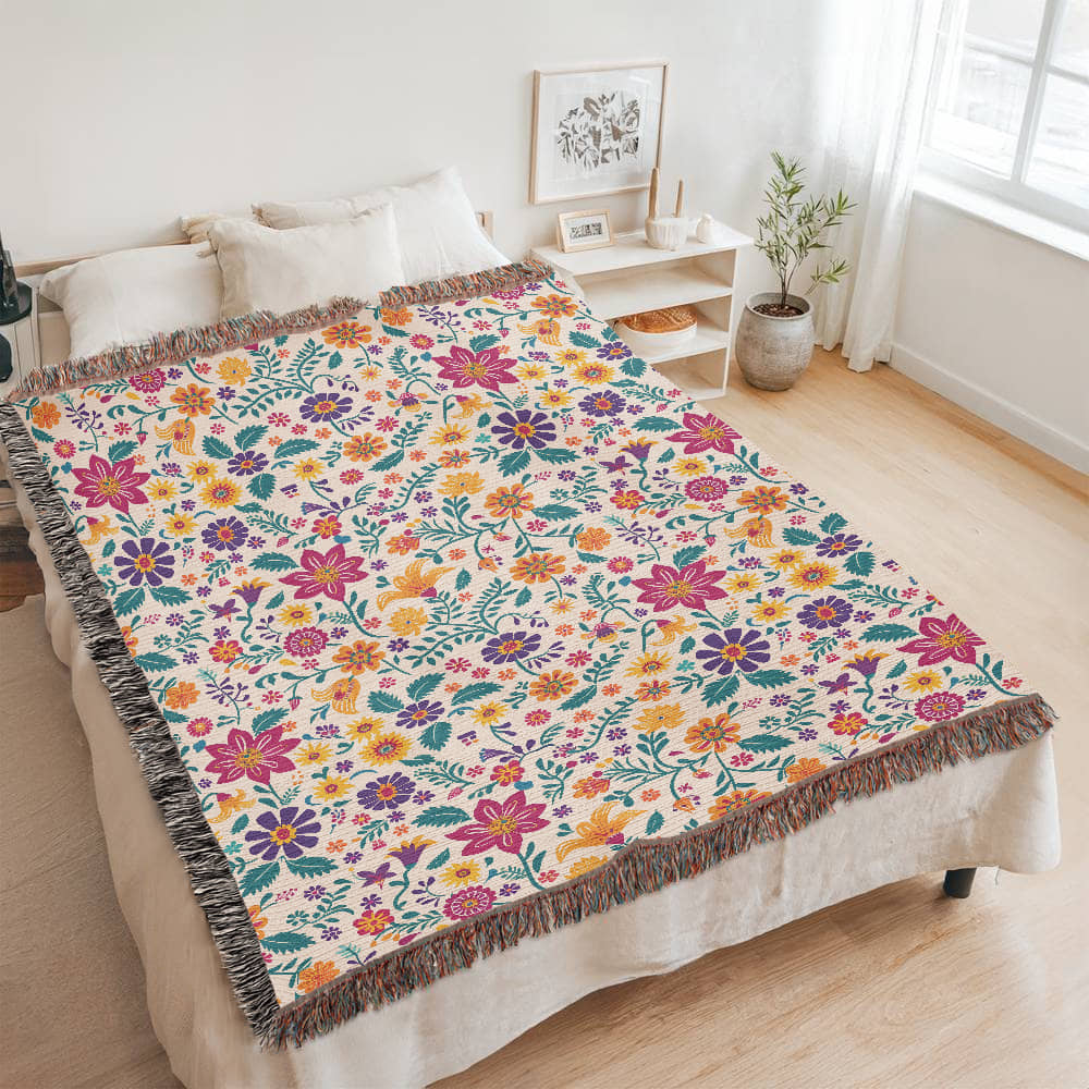 Mexican Floral Fiesta Pattern 013 - 60" x 80" Heirloom Woven Blanket