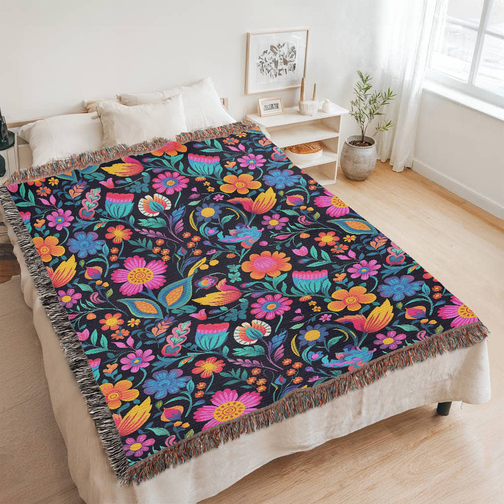 Mexican Floral Fiesta Pattern 049 - 60" x 80" Heirloom Woven Blanket