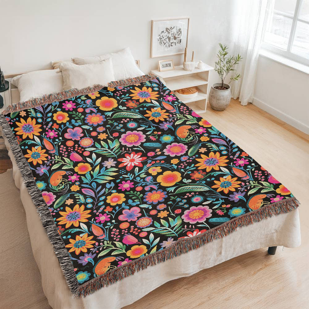 Mexican Floral Fiesta Pattern 060 - 60" x 80" Heirloom Woven Blanket