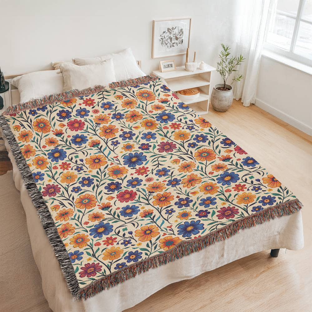 Mexican Floral Fiesta Pattern 001 - 60" x 80" Heirloom Woven Blanket