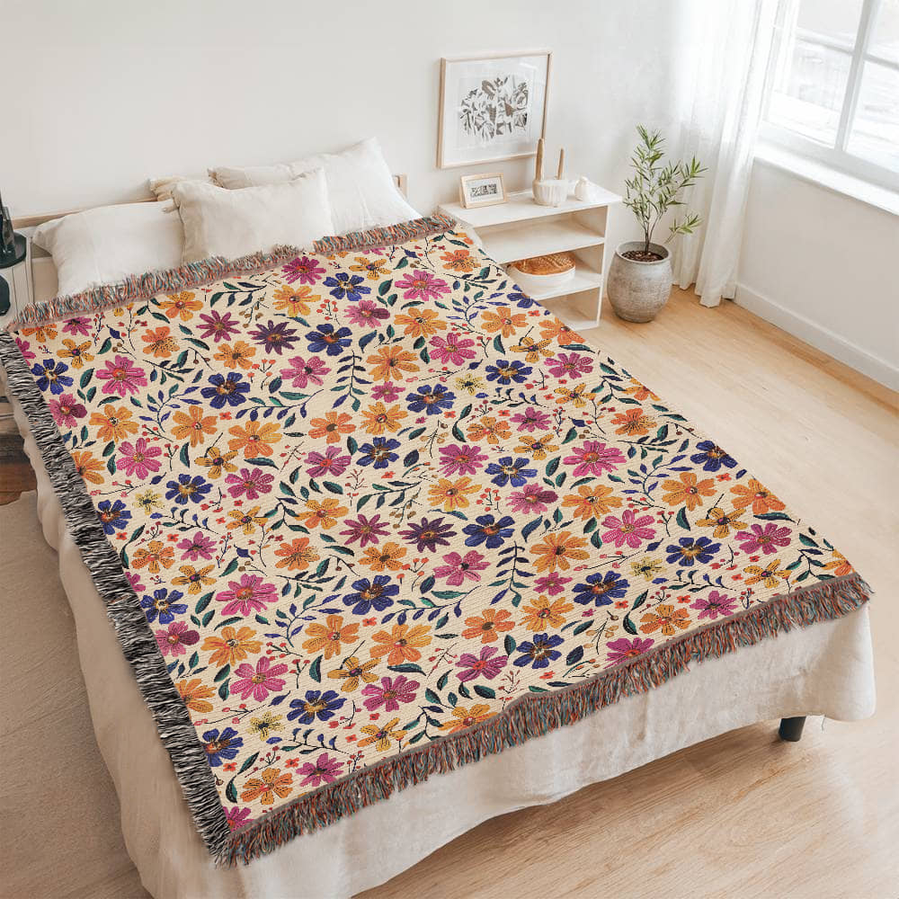 Mexican Floral Fiesta Pattern 008 - 60" x 80" Heirloom Woven Blanket