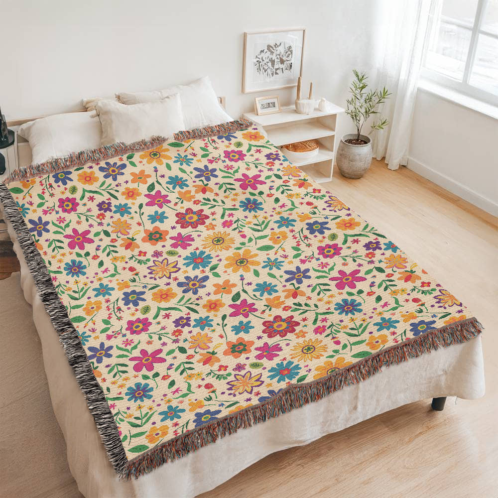 Mexican Floral Fiesta Pattern 005 - 60" x 80" Heirloom Woven Blanket