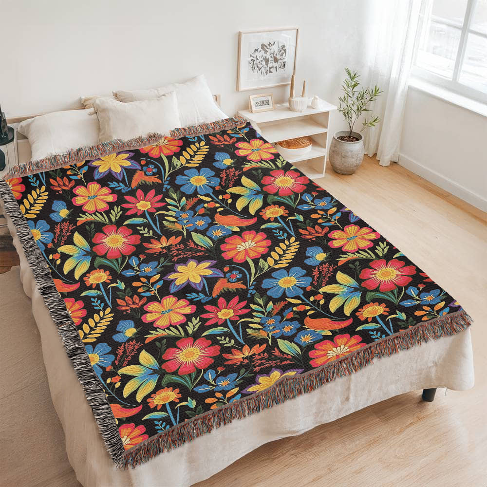 Mexican Floral Fiesta Pattern 035 - 60" x 80" Heirloom Woven Blanket