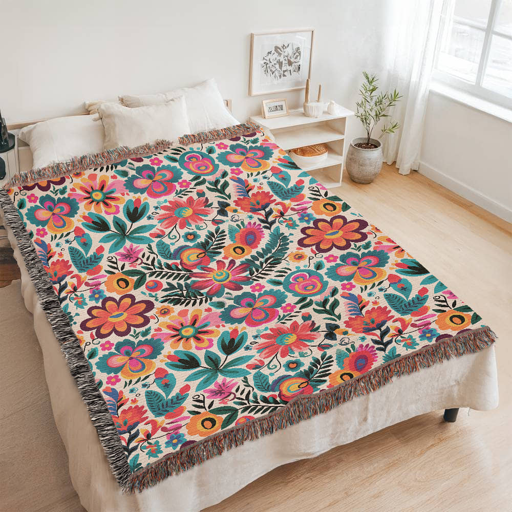 Mexican Floral Fiesta Pattern 051 - 60" x 80" Heirloom Woven Blanket