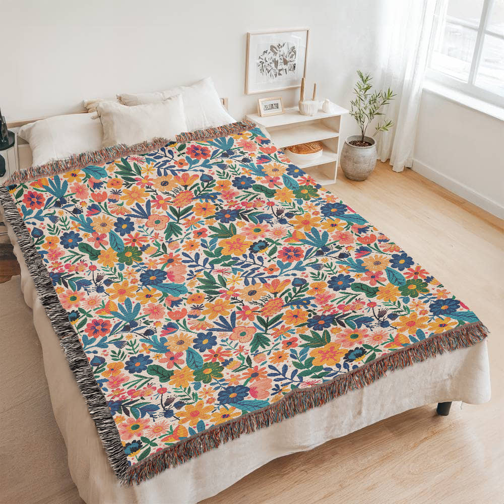 Mexican Floral Fiesta Pattern 010 - 60" x 80" Heirloom Woven Blanket