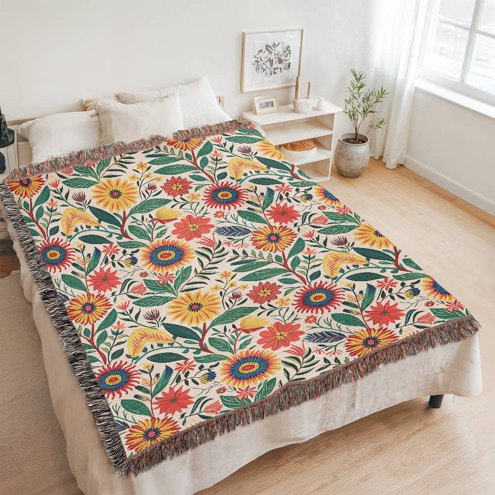 Mexican Floral Fiesta Pattern 023 - 60" x 80" Heirloom Woven Blanket