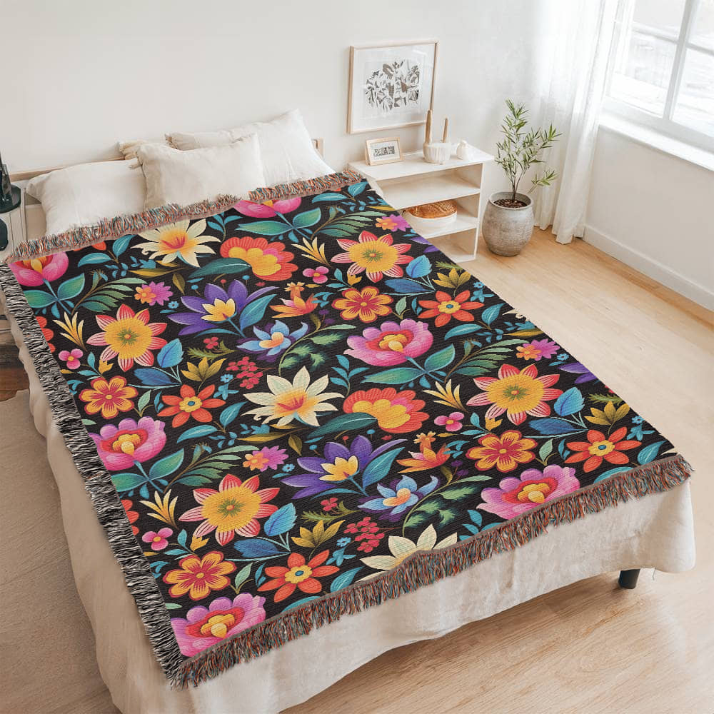 Mexican Floral Fiesta Pattern 036 - 60" x 80" Heirloom Woven Blanket