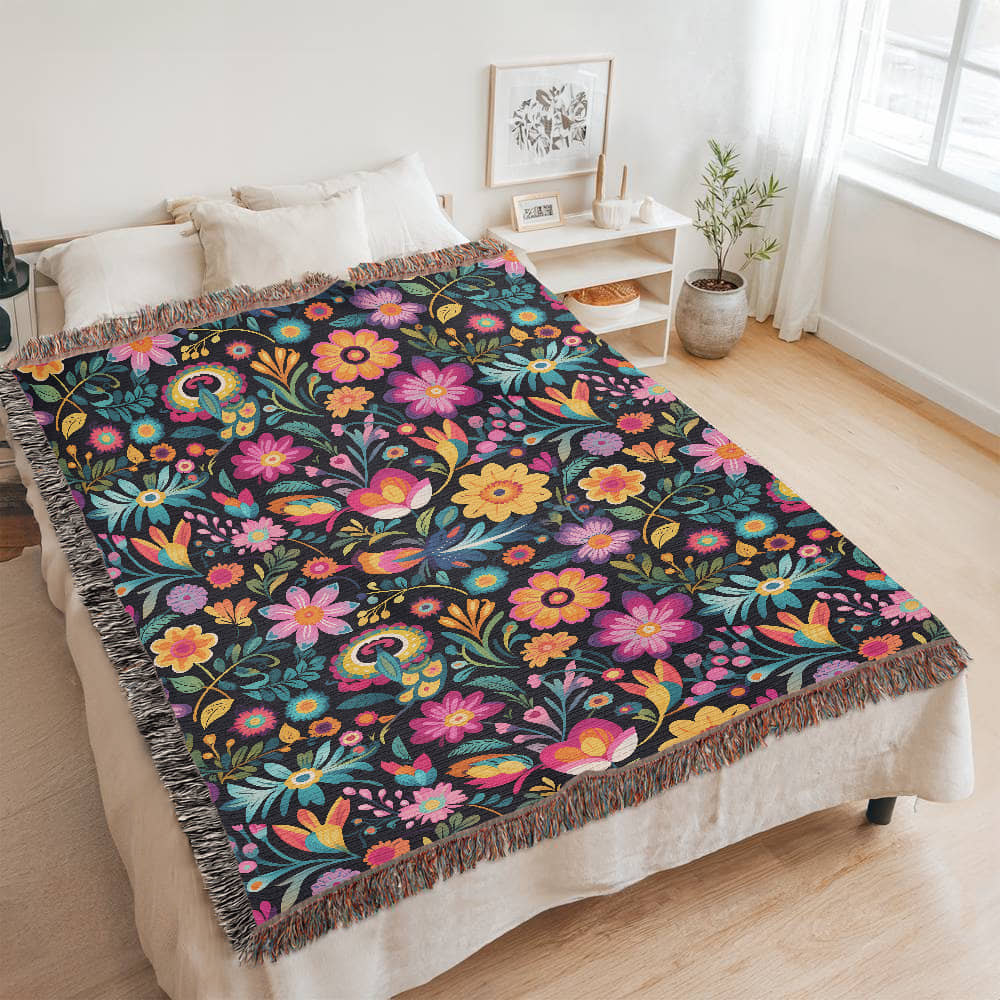 Mexican Floral Fiesta Pattern 055 - 60" x 80" Heirloom Woven Blanket